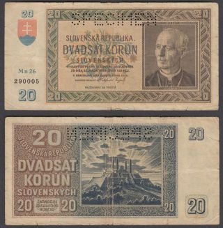 Slovakia 20 Korun 1939 (f) Banknote Specimen Km 5s