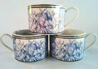 3 Coventry " Palace Garden " Tea/coffee Cups Blue Floral Yellow Trim Gift Holders