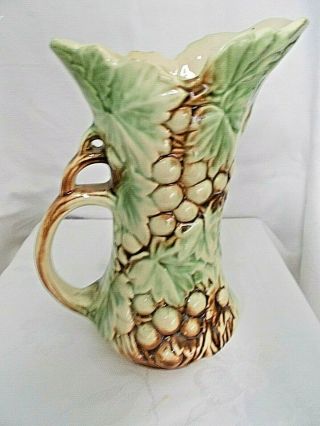 Mccoy Usa Signed 9 " Green & Brown Grapes & Vine Pitcher Vase With Handle Guc