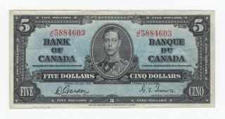 1937 Bank Of Canada $5 Banknote - S/n: J/c5884603 Gordon - Towers Signatures
