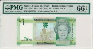 States Of Jersey Jersey 1 Pound Nd (2010) Replacement/star Pmg 66epq