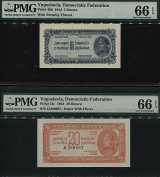 Tt Pk 49b & 51c 1944 Yugoslavia 5 & 20 Dinara Pmg 66q Gem Unc Set Of Two Notes