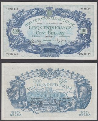 Belgium 500 Francs On 100 Belgas 1938 (vf, ) Banknote P - 109