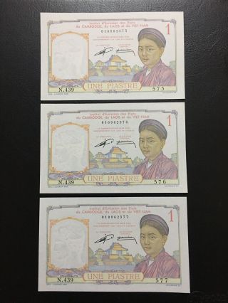 French Indochina 1 Piastre 1953 Pick 92 - 3 Consecutive Notes Unc