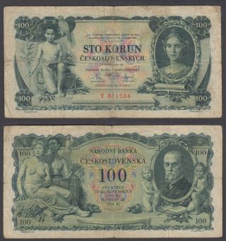 Czechoslovakia 100 Korun 1931 (vg - F) Banknote P - 23a Single Letter Y