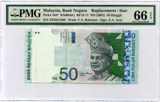 Malaysia 50 Ringgit Nd 2001 P 43 D Zf Replacement Gem Unc Pmg 66 Epq