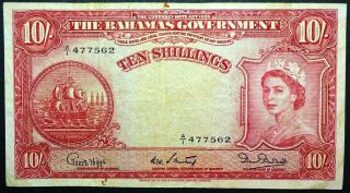 Bahamas Government 10 Shillings Queen Ii 3 Signatures Vf Ef Grade.