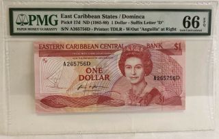 East Caribbean States Dominca Pick 17d Nd 1985 - 88 1 Dollar Pmg 66 Epq Gem Unc