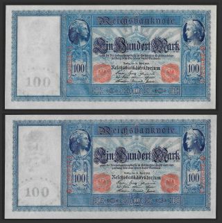 Germany 2x 100 Mark 1910,  Uncirculated,  Consecutive Sns,  Ro 43 / P42 (red Seals)