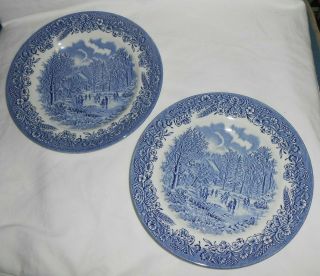 Set Of 2 Blue Churchill Currier & Ives Skaters 9 Inch Salad Plates