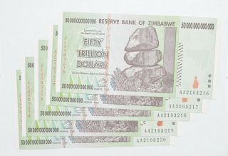 5 Consecutive 50 Trillion Dollar Zimbabwe Uncirculated Notes 2008 Authentic 815