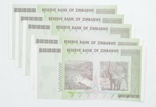 5 Consecutive 50 TRILLION Dollar Zimbabwe Uncirculated Notes 2008 Authentic 815 2
