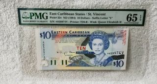 East Caribbean States/st.  Vincent Pick 32v Nd (1994) $10 Dollars " V " Pmg 65 Epq