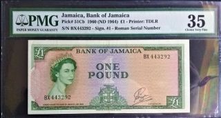 Jamaica 1 Pound Pmg Choice Vf 35 Queen Elizabeth Qeii 1960 P 51cb British Sign 1