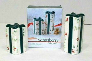 Pfaltzgraff Winterberry Presents Gifts Green Bow Salt & Pepper Shaker Set