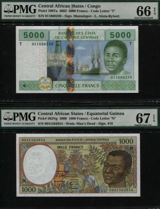 Tt Pk 502ng & 109ta Central African States 1000 & 5000 Francs Pmg 66q - 67q Set 2