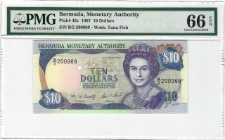 1997 Bermuda $10 Dollars,  P - 42c Scarce Date,  Pmg 66 Epq Gem Unc,  Qeii Note