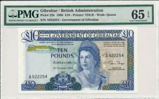Government Of Gibraltar 10 Pounds 1986 Prefix A S/nox222xx Pmg 65epq