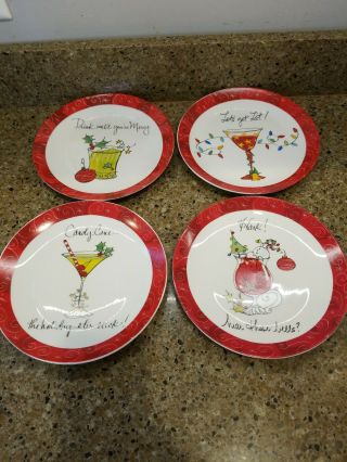 Certified International Holiday Cheer Set Of 4 White Appetizer / Snack Plates