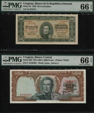 Tt Pk 34 & 50b 1939 & 1967 Uruguay 50 Centesimos & 5000 Pesos Pmg 66q Set Of Two