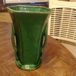 Vintage Mccoy 1940 - 1960 Glaze Dark Green Double Handled Vase Signed
