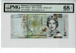 Bahamas 2019 1/2 Dollar Prefix A Pmg 68 Epq Gem Unc
