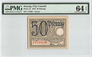 Danzig 1919 P - 12 Pmg Choice Gem Unc 64 Epq 50 Pfennig (green)