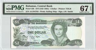 Bahamas 1974 (nd 1984) P - 43b Pmg Gem Unc 67 Epq 1 Dollar Aa Prefix