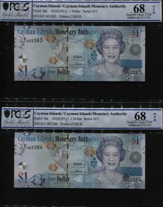 Tt Pk 38a 2010 Cayman Islands 1 Dollar Queen Elizabeth Ii Pcgs 68q Seq Set Of 2