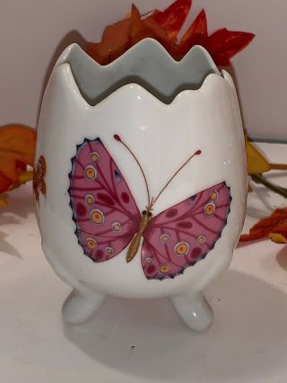 Small Ceramic Planter By Counterpoint San Francisco Hand - Painted Butterfly Egg