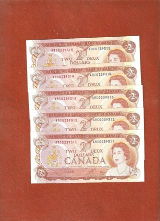 5 1974 Consecutive Serial Number Two Dollar Bank Notes Gem Uncirculated E994