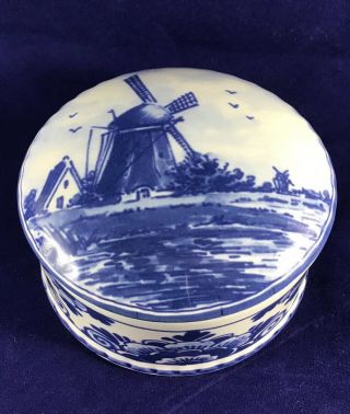 Delft Blue And White Hand Painted Round Trinket Box Holland Windmill