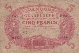 5 Francs Vg Banknote From French Colony Of Guadeloupe 1945 Pick - 7e