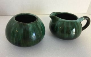 Blue Mountain Pottery Creamer And Sugar Bowl Green Blue Glazing -