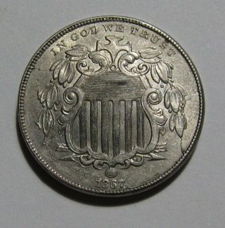 1867 W/o Rays Shield Nickel - Au - 38su