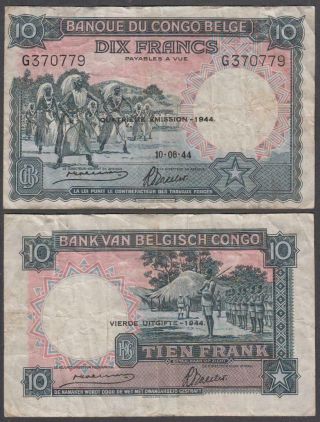 Belgian Congo,  10 Francs,  1944,  Vf,  P - 14d