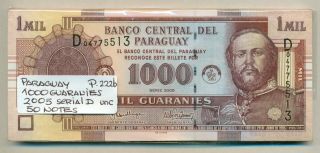 Paraguay Bundle 50 Notes 1000 Guaranies 2005 Suffix D P 222b Unc