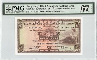 Hong Kong,  Hsbc 1972 P - 181e Pmg Gem Unc 67 Epq 5 Dollars