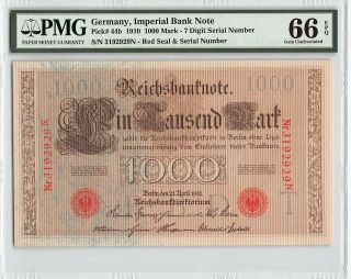 Germany,  Reichsbanknote 1910 P - 44b Pmg Gem Unc 66 Epq 1000 Mark (red S/n)
