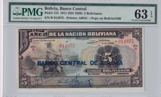 Bolivia Banco Central 5 Bolivianos 1911 (1929) Pick 113 Pmg 63 Epq