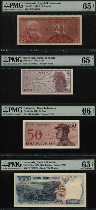 Tt Pk 75,  91a,  94a,  129a 1956 - 92 Indonesia 2 1/2,  5,  50,  1000 Sen Pmg 66 Epq Set Of 4