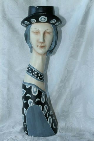 Vintage Ceramic Lady Head Vase Planter Black Grey Long Neck With Hat Unmarked