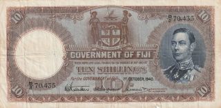 Fiji 10 Shillings Banknote 1.  10.  1940 P.  38d Almost Fine