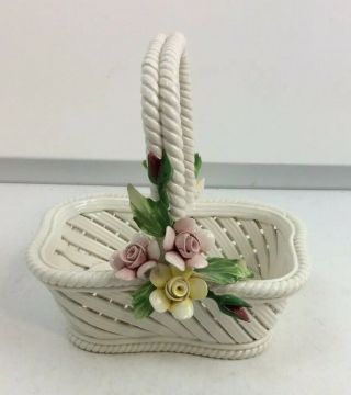 Vintage White Capodimonte Weaved & Twisted Trinket Basket With Flowers 6” X 6”