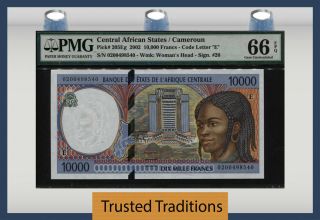 Tt Pk 205eg 2002 Central African States / Cameroun 10000 Francs Pmg 66q Gem Unc