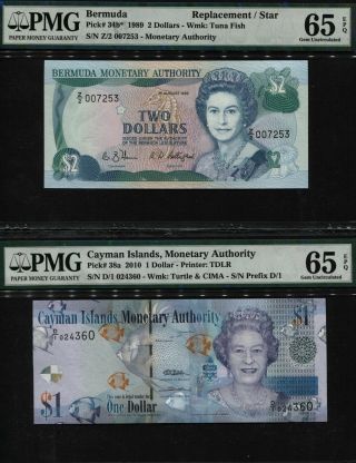 Tt Pk 34b & 38a 1989 & 2010 Bermuda & Cayman Islands 1 & 2 Dollars Pmg 65q Set