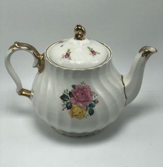 Vintage Sadler England China Tea Pot Pink Roses Gilt Gold Trim 4 Cup Numbered