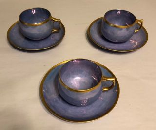 Set Of 3 J & C China Bavaria Blue With Gold Trim Cups & 3 Unmarked Plates