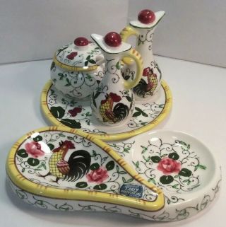 Vintage Rooster & Roses Early Provincial Spoon Rest,  Salt And Pepper Tray Japan