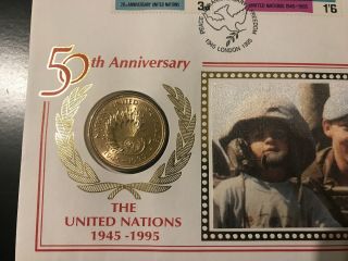 GB 1995 United Nations 50th Anniversary £2 coin cover - Austria & Guernsey 2